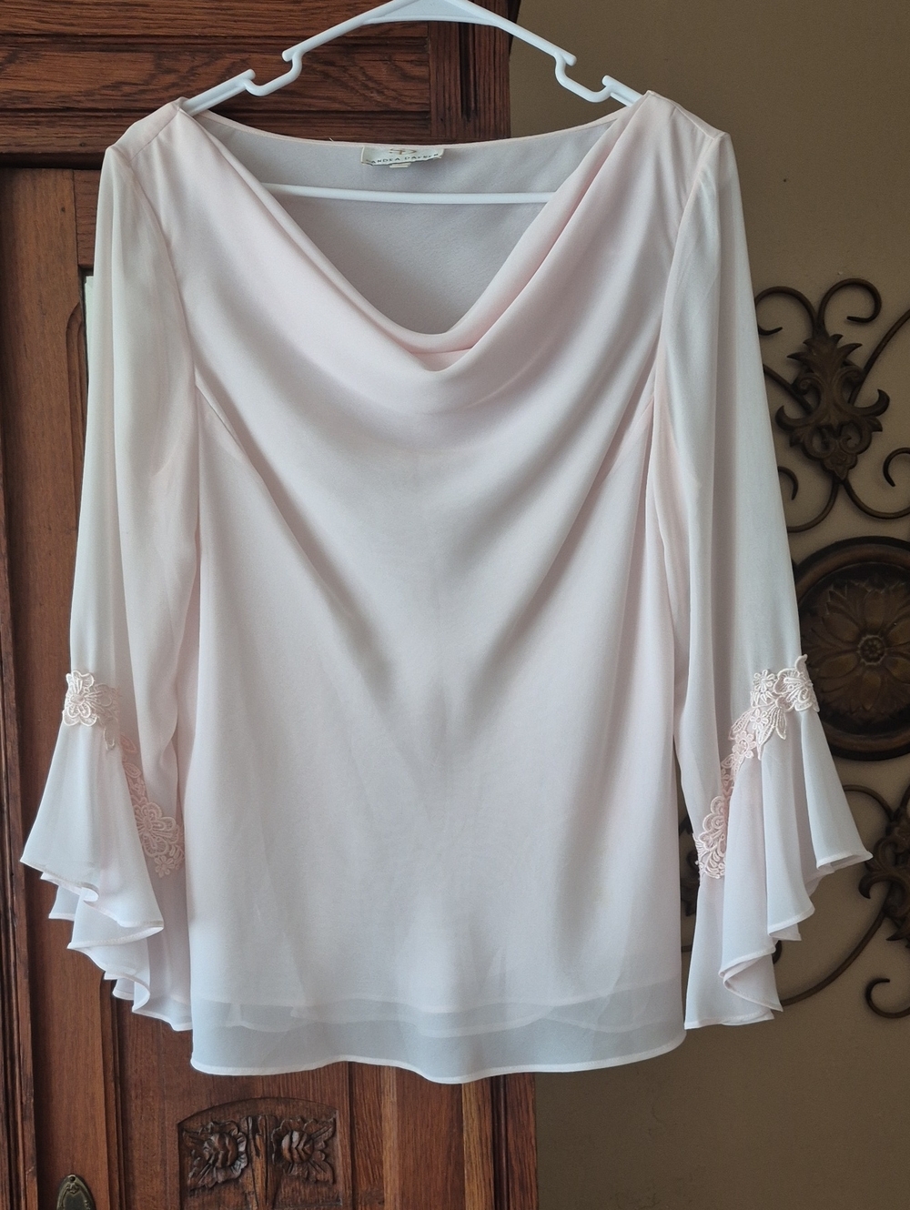 Sandra Darren Blush Pink Blouse with Lace Bell Sleeves